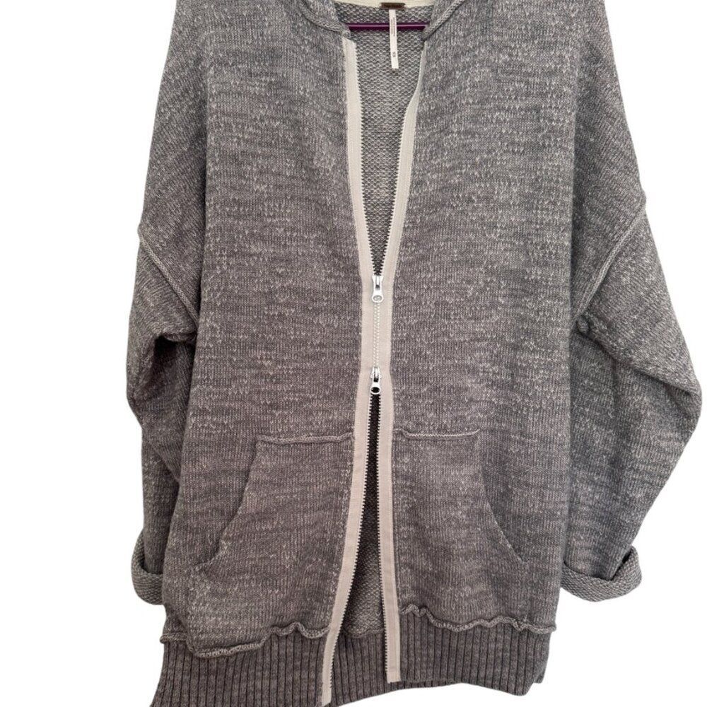 Free People Sz M In Bloom Knit Hoodie Sweater Gray White Oversized Full Zip Boho - Picture 5 of 15